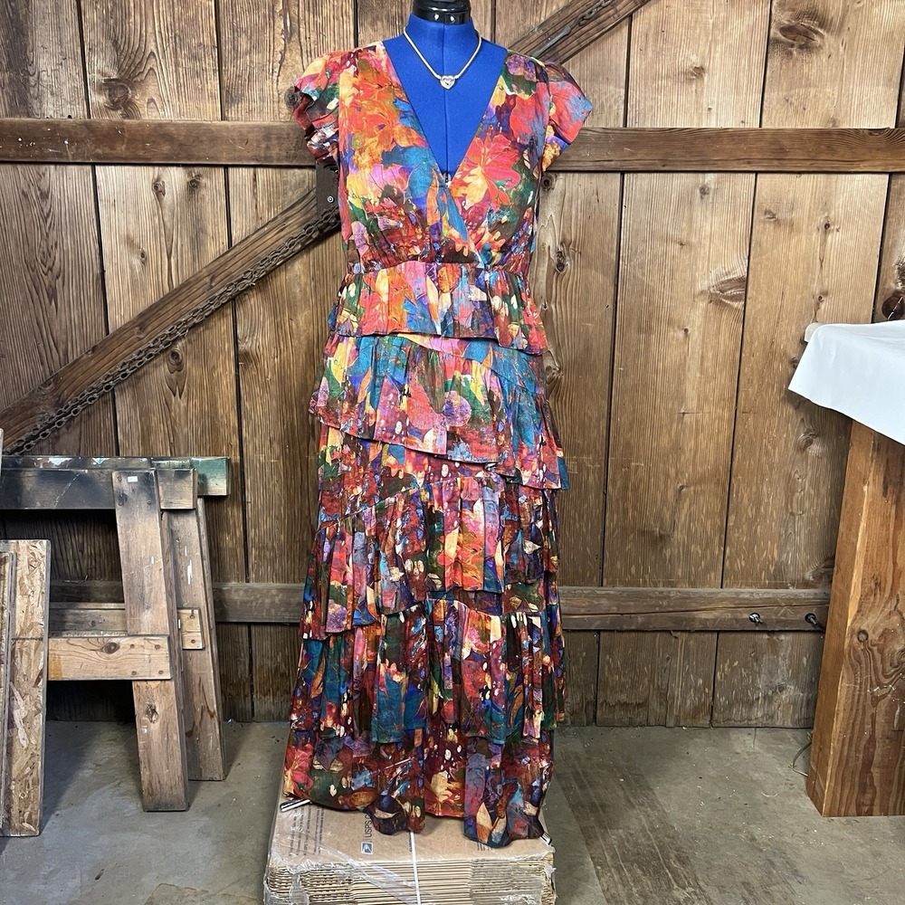 Marie Oliver Dress Women Multicolor Floral V Neck Tiered Ruffle Maxi Boho Sz 10